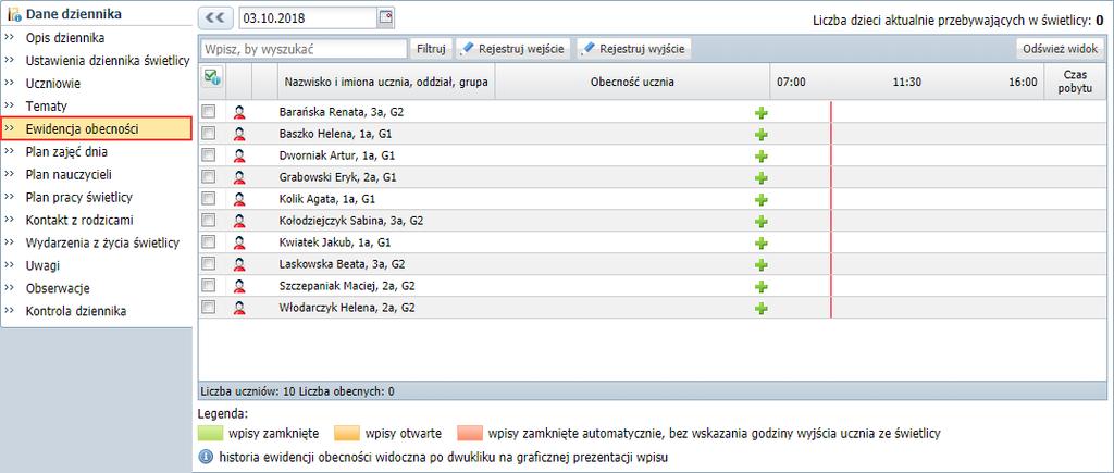 UONET+. Prowadzenie dziennika świetlicy 16/29 Rejestrowanie obecności uczniów w świetlicy w dniu odbywania zajęć Rejestrowanie obecności uczniów na zajęciach odbywa się na stronie Ewidencja obecności.