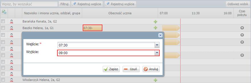 otwarte wpisy. 2. Kliknij przycisk Rejestruj wejście i w wyświetlonym oknie wprowadź godzinę w polu Wejście. 3. Kliknij przycisk Zapisz. 4.