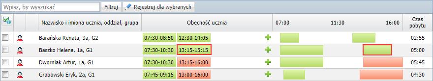 W wyświetlonym oknie wprowadź godzinę wejścia i wyjścia i kliknij przycisk Zapisz. Modyfikowanie wpisów (np.