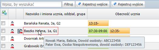 Jeśli dane takie zostały wprowadzone do kartoteki ucznia, to wyświetlają się po wskazaniu kursorem ucznia w kolumnie