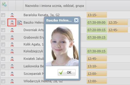 Można zobaczyć zdjęcie ucznia zdjęcie wyświetla się po kliknięciu ikony w wierszu ucznia.