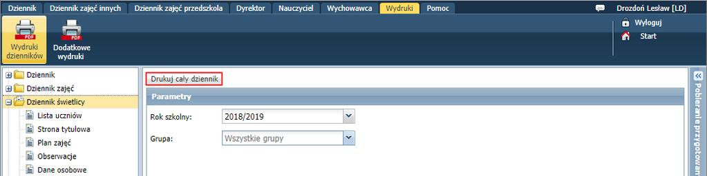 Wydrukować można cały dziennik (także w podziale na grupy) oraz poszczególne strony dziennika. 1. Przejdź do widoku Wydruki/ Wydruki dzienników. 2.