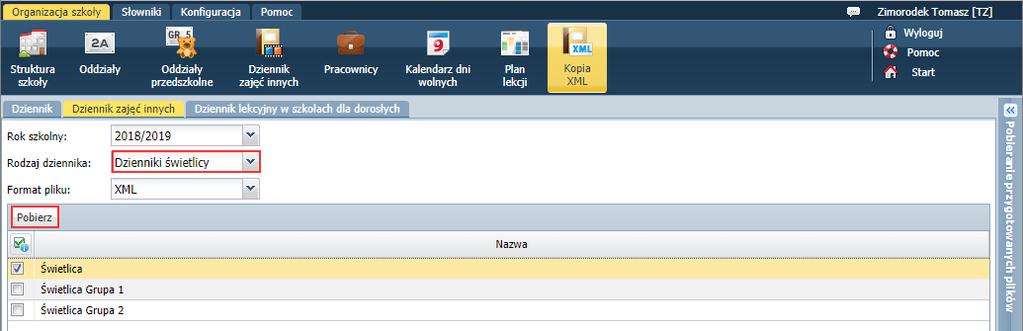 Aby zapisać dokument na komputerze, skorzystaj z ikony. Tworzenie kopii XML dziennika świetlicy Kopię XML dziennika świetlicy może przygotować administrator w module Administrowanie. 1.