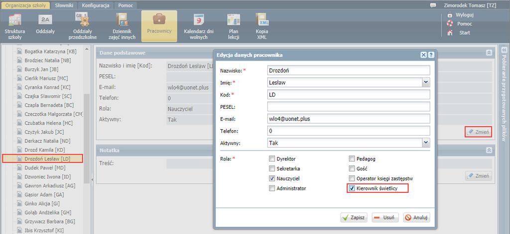 UONET+. Prowadzenie dziennika świetlicy 4/29 Nadawanie nauczycielowi roli kierownika świetlicy 1. W module Administrowanie przejdź do widoku Organizacja szkoły/ Pracownicy. 2.