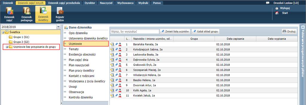 Przypisywanie uczniów do grup Jeśli zostały zdefiniowane grupy świetlicowe, to uczniów dodanych do dziennika należy przypisać