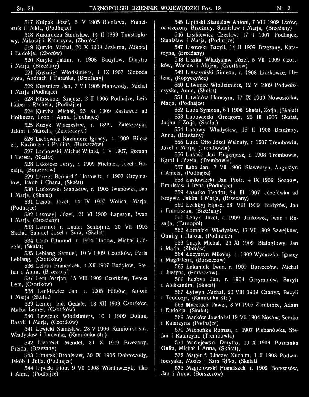 1908 Budyłów, Dmytro i Marja, (Brzeżany) 521 Kusznier Włodzimierz, 1 IX 1907 Słoboda złota, Andruch i Parańka, (Brzeżany) 522 Kusznierz Jan, 7 VII 1905 Mało wody, Michał i Marja (Podhajce).