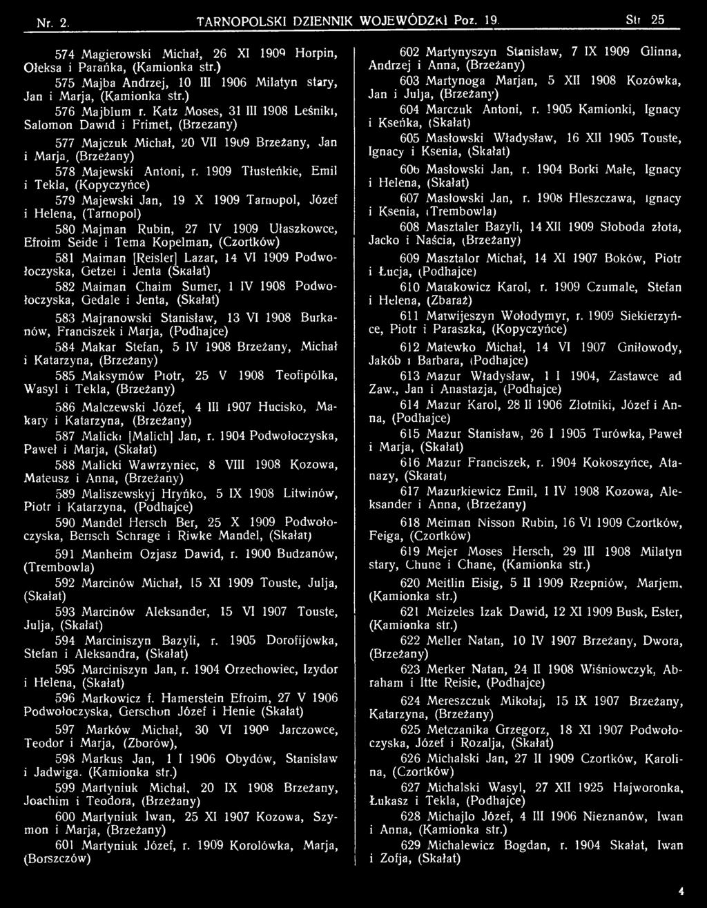 Maiman [Reisler] Lazar, 14 VI 1909 Podwołoczyska, Getzel i Jenta (SKałat) 582 Maiman Chaim Sumer, 1 IV 1908 Podwołoczyska, Gedale i Jenta, 583 Majranowski Stanisław, 13 VI 1908 Burkanów, Franciszek i