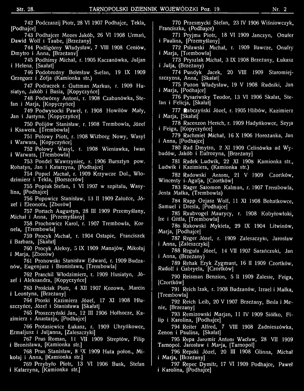 1908 Howiłów Mały, Jan i Justyna, [Kopyczyńce] 750 Pofijów Stanisław, r. 1908 Trembowla, Józef i Ksawera. [Trembowla] 751 Polowy Piotr, r.