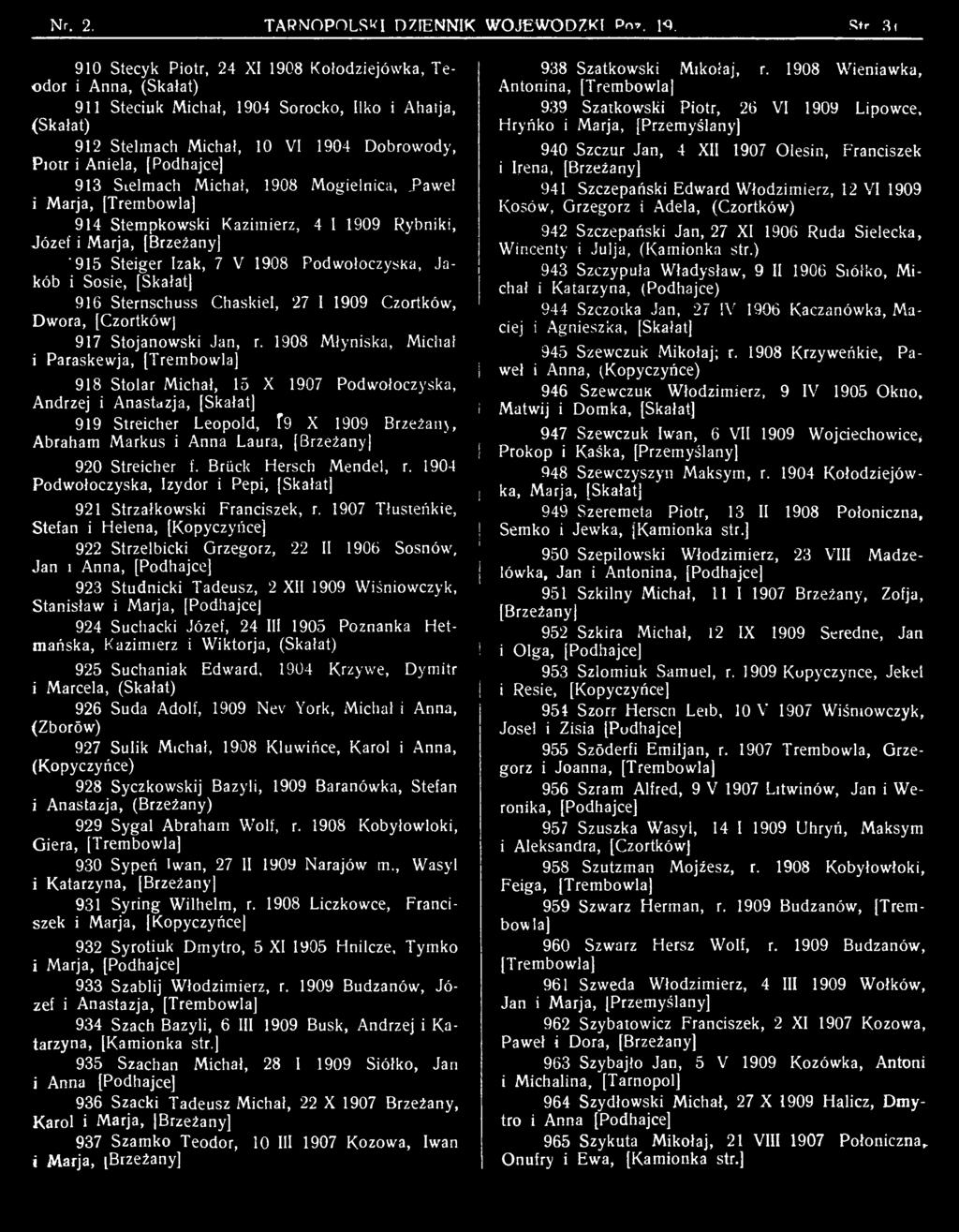 1908 Młyniska, Michał i Paraskewja, [Trembowla] 918 Stolar Michał, 15 X 1907 Podwołoczyska, Andrzej i Anastazja, [Skałat] 919 Streicher Leopold, T9 X 1909 Brzeżanj, Abraham Markus i Anna Laura,