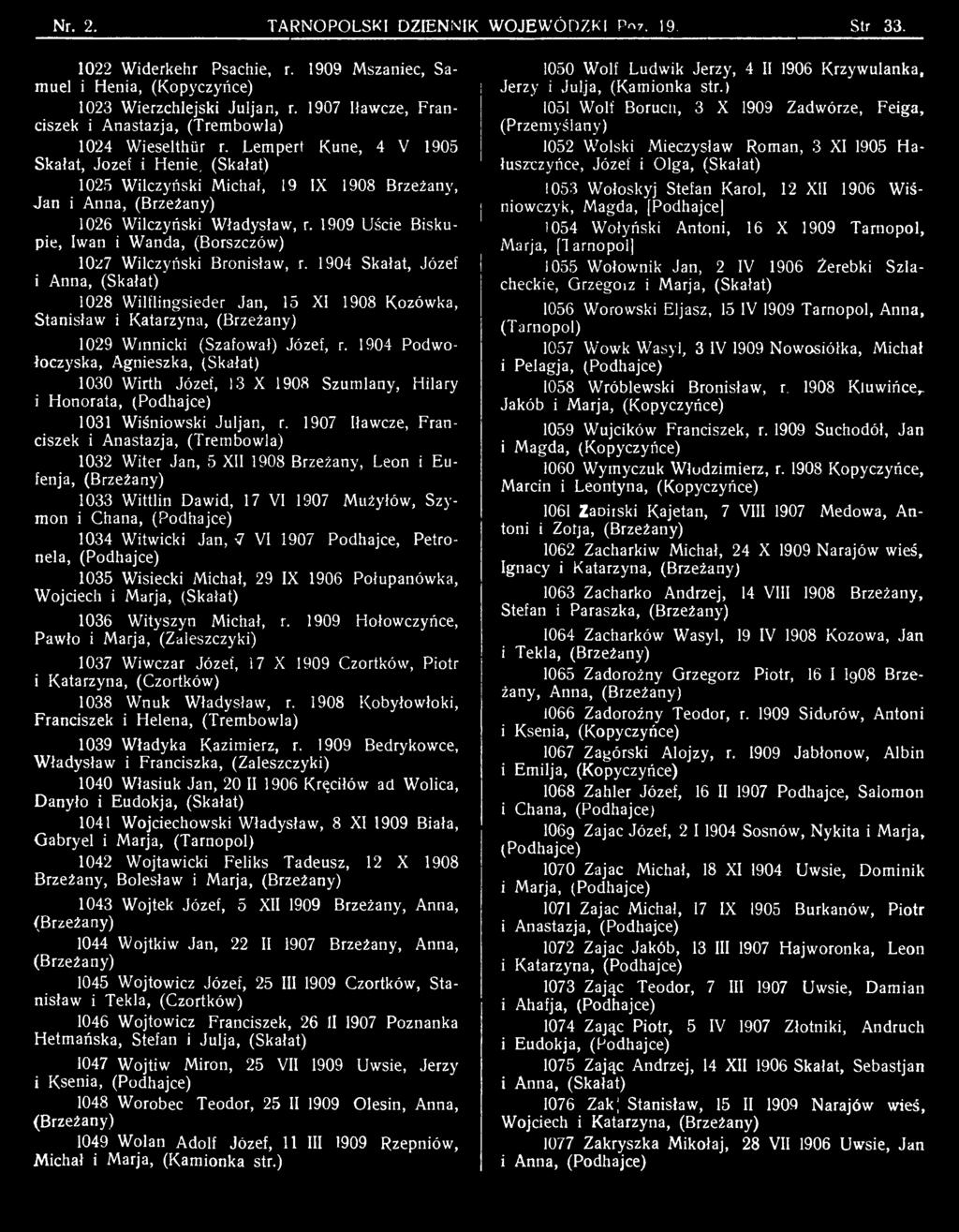 1904 Skałat, Józef i Anna, 1028 Wilflingsieder Jan, 15 XI 1908 Kozówka, Stanisław i Katarzyna, (Brzeżany) 1029 Winnicki (Szafował) Józef, r.