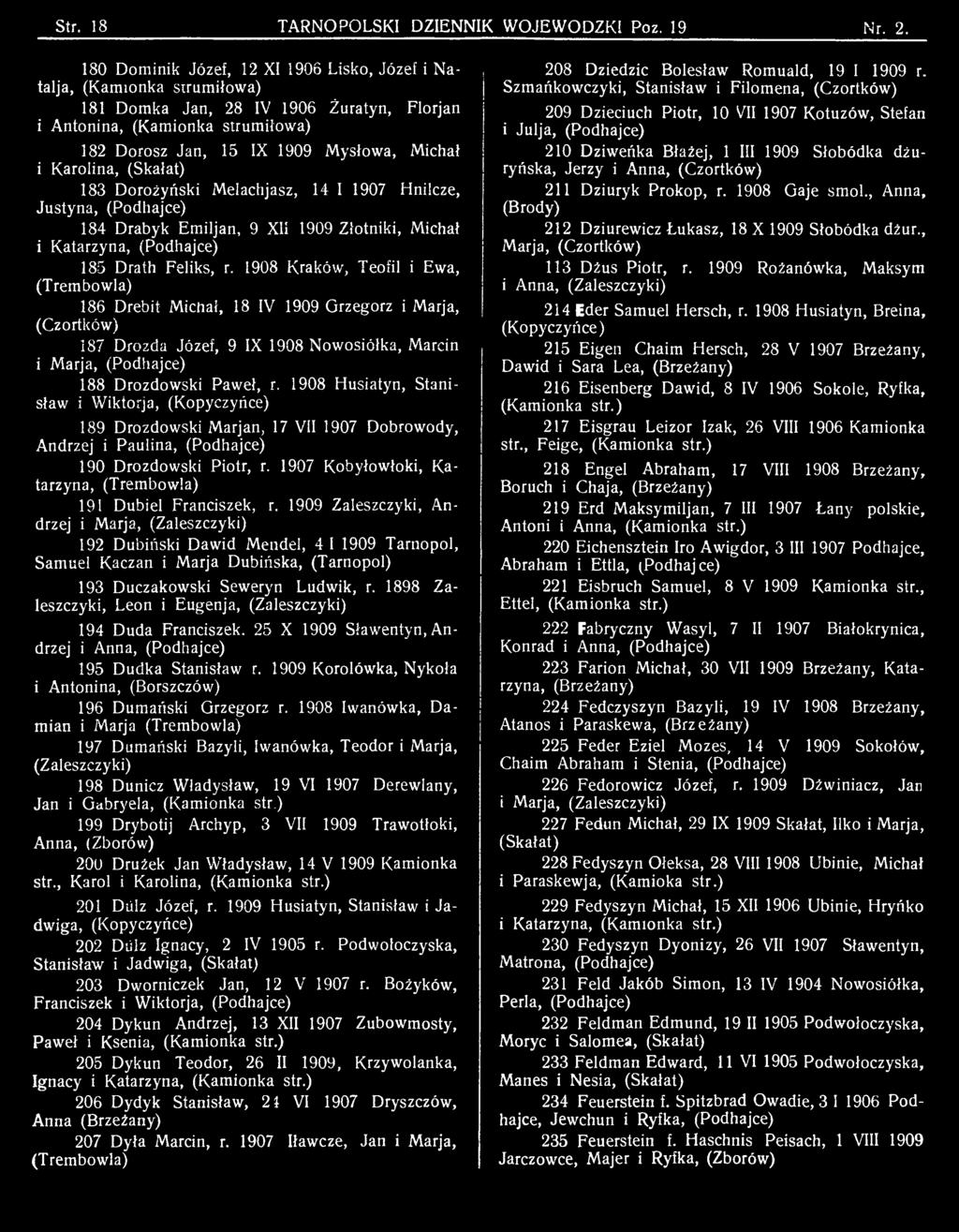 1908 Husiatyn, Stanisław i Wiktorja, (Kopyczyńce) 189 Drozdowski Marjan, 17 VII 1907 Dobrowody, Andrzej i Paulina, (Podhajce) 190 Drozdowski Piotr, r.