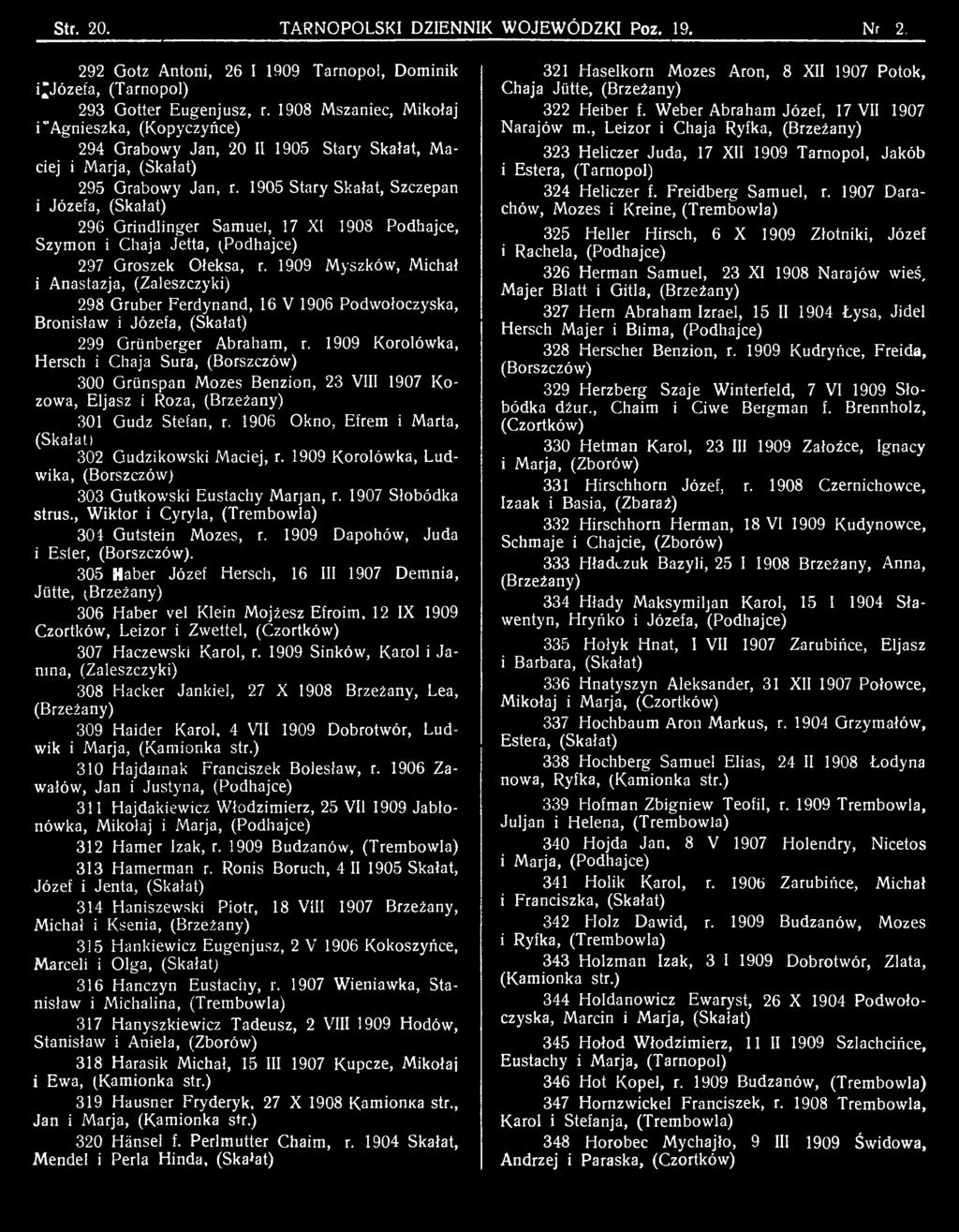 1909 Korolówka, Hersch i Chaja Sura, (Borszczów) 300 Griinspan Mozes Benzion, 23 VIII 1907 Kozowa, Eljasz i Roza, (Brzeźany) 301 Gudz Stefan, r. 1906 Okno, Efrem i Marta, 302 Gudzikowski Maciej, r.