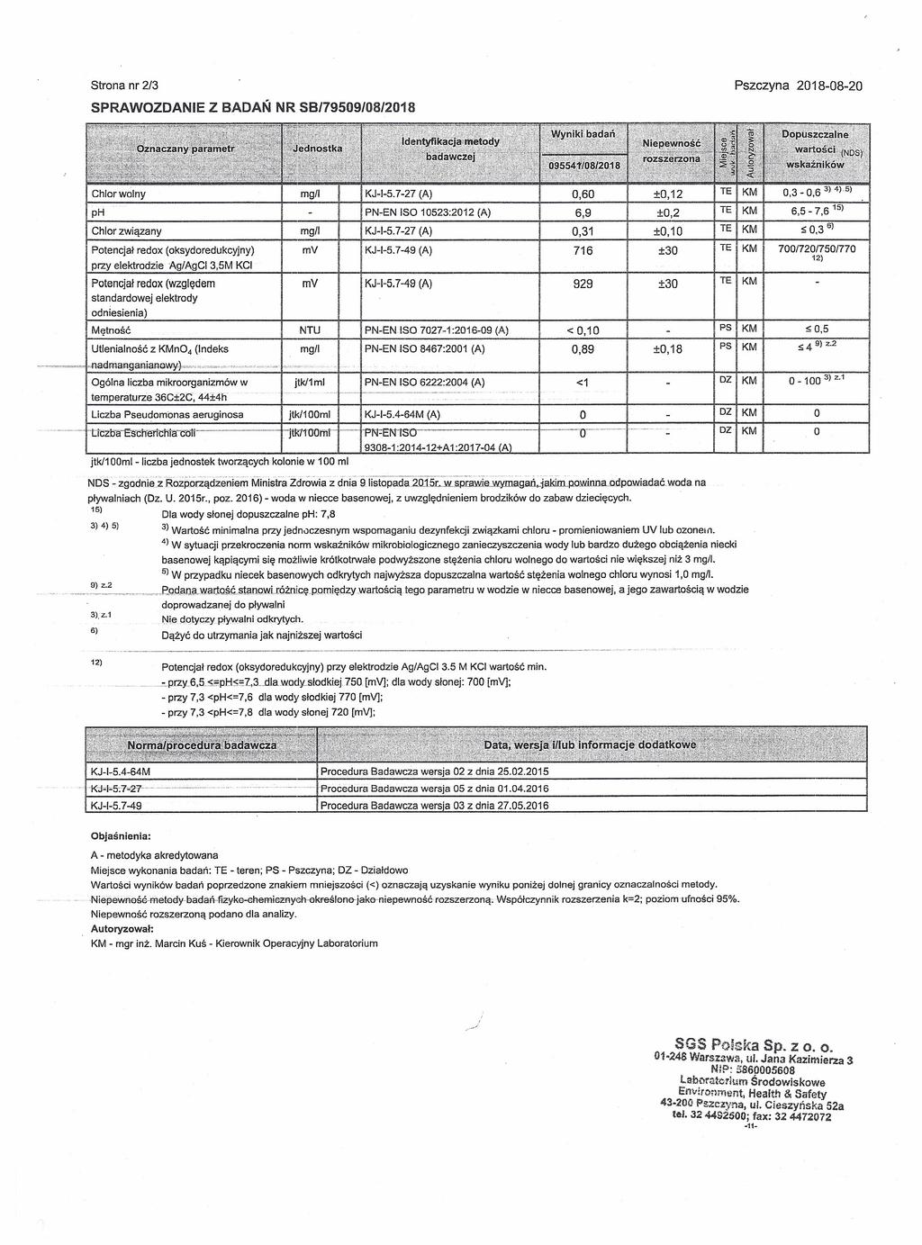 Pszczyna 2018-08-20 Strona nr 2/3 SPRAWOZDANIE Z BADAŃ NR SB/79509/08/2018 Chlor wolny mgli KJ-I-5. 7-27 (A) ph ±O,12 6,9 ±O,2 0,60 PN-EN ISO 10523:2012 (A) 0,3 _ 0,6 3) 4).