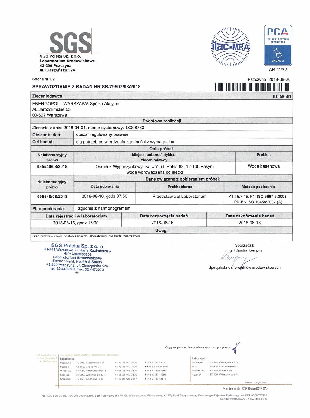 PC~ POLSKIE CENTRUM AKREDYTACJI SGS Polska Sp. z 0.0. Laboratorium Środowiskowe 43-200 Pszczyna ul.