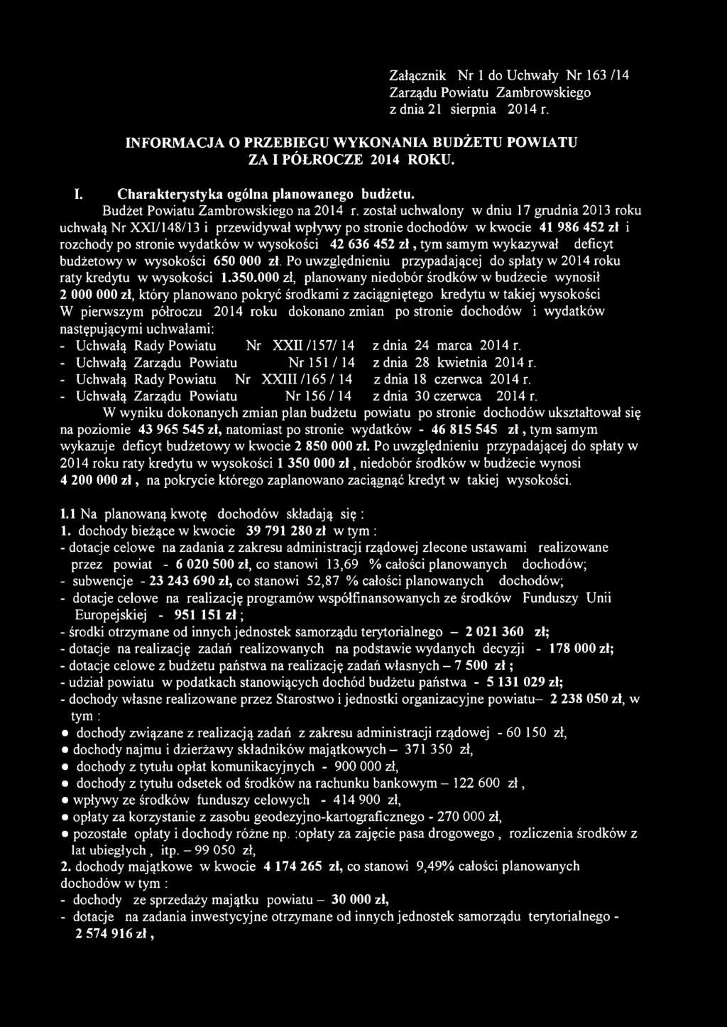 został uchwalony w dniu 17 grudnia 2013 roku uchwałą Nr XXI/148/13 i przewidywał wpływy po stronie dochodów w kwocie 41 986 452 zł i rozchody po stronie wydatków w wysokości 42 636 452 z ł, tym samym