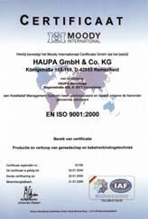 Jakość Od roku 1996 posiada HAUPA Certyfikat Jakośći DIN EN ISO 9000 (seit 2003 DIN EN ISO 9001).