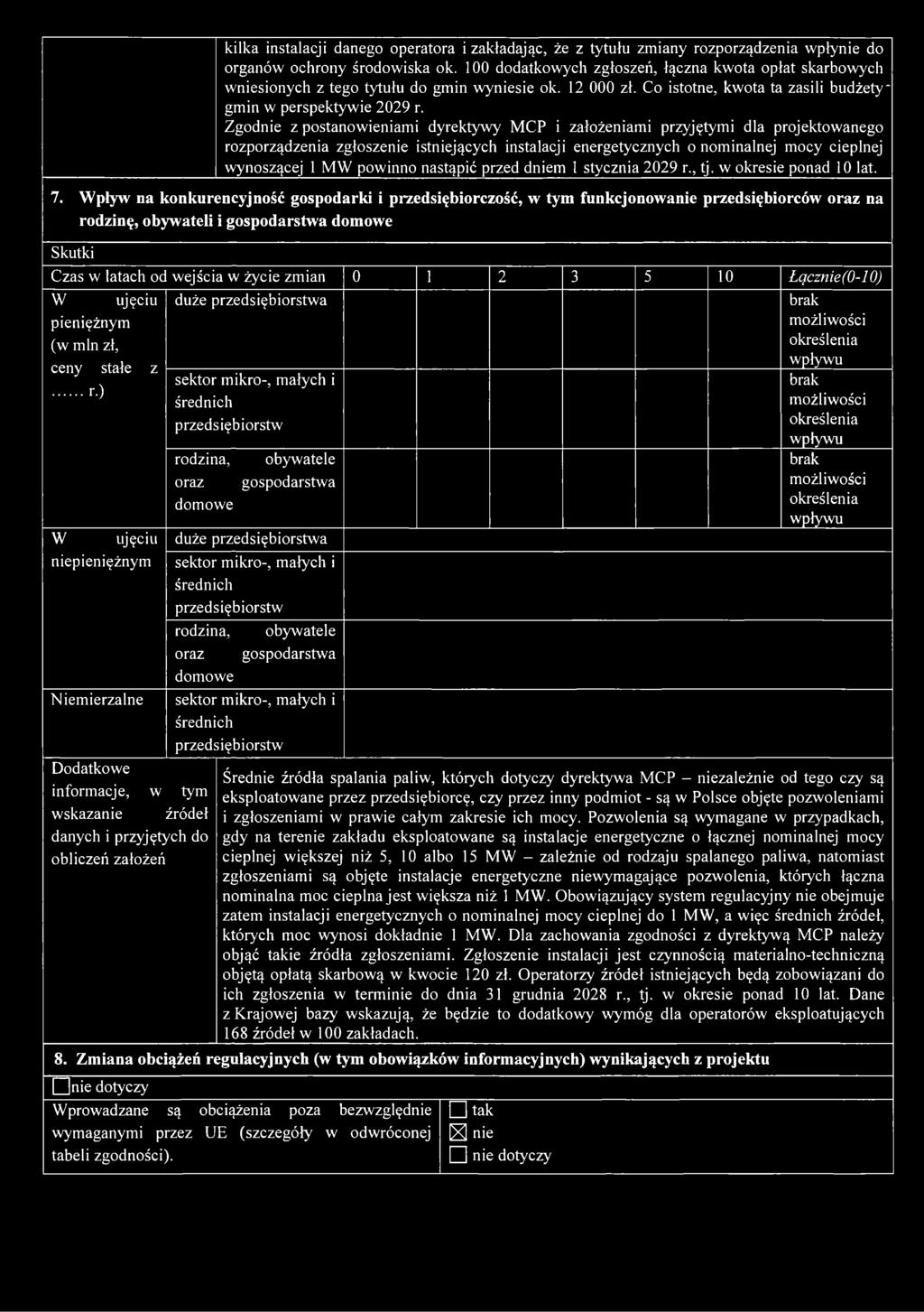 Zgodnie z postanowieniami dyrektywy MCP i założeniami przyjętymi dla projektowanego rozporządzenia zgłoszenie istniejących instalacji energetycznych o nominalnej mocy cieplnej wynoszącej 1 MW powinno