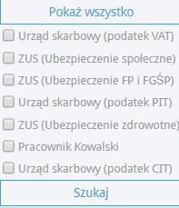 Aby ułatwić wyszukiwanie pozycji możliwych do rozliczenia można wspomóc się ikoną Lupy w kolumnie Klient / Dostawca po pojawieniu się okienka z możliwością wyboru urzędu podatkowego mamy możliwość