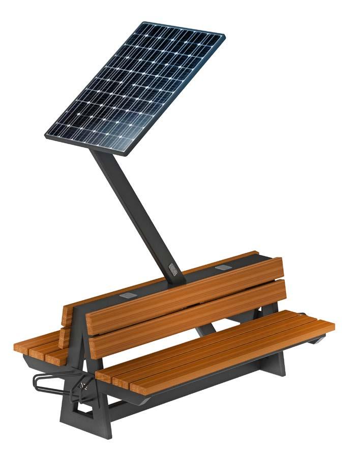 ŁAWKA AE006 Cechy: Panel fotowoltaiczny na wysięgniku - dzięki temu rozwiązaniu panel ma nieograniczony dostęp do promieni słonecznych oraz jest mniej podatny na zniszczenia.