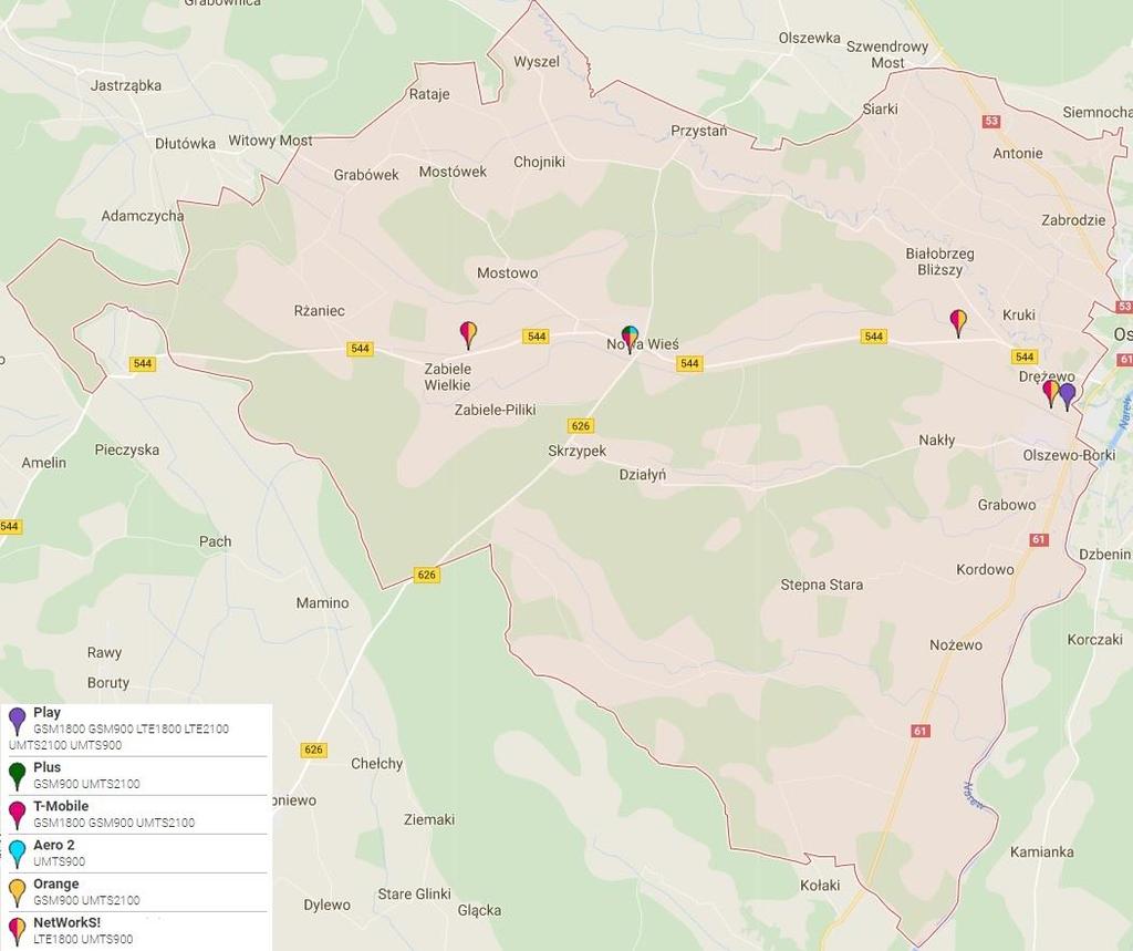 Rysunek 10. Lokalizacja stacji bazowych telefonii komórkowej na terenie Gminy Olszewo-Borki.