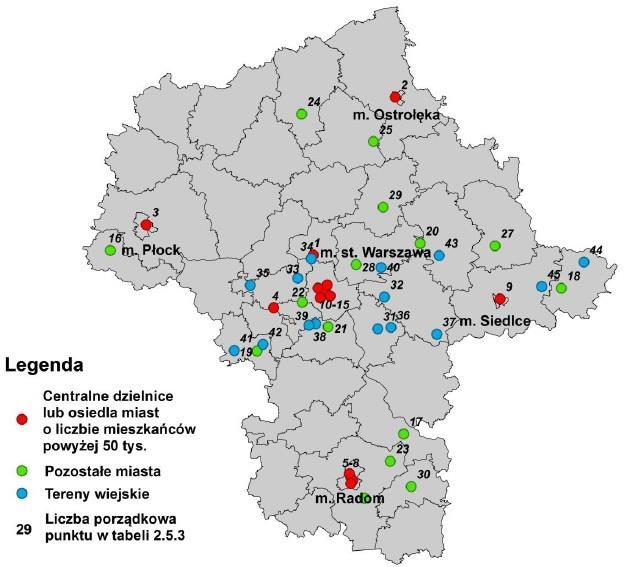 Rysunek 11. Lokalizacja punktów pomiarowo-kontrolnych sieci monitoringu natężenia promieniowania elektromagnetycznego na terenie województwa mazowieckiego w roku 2015.