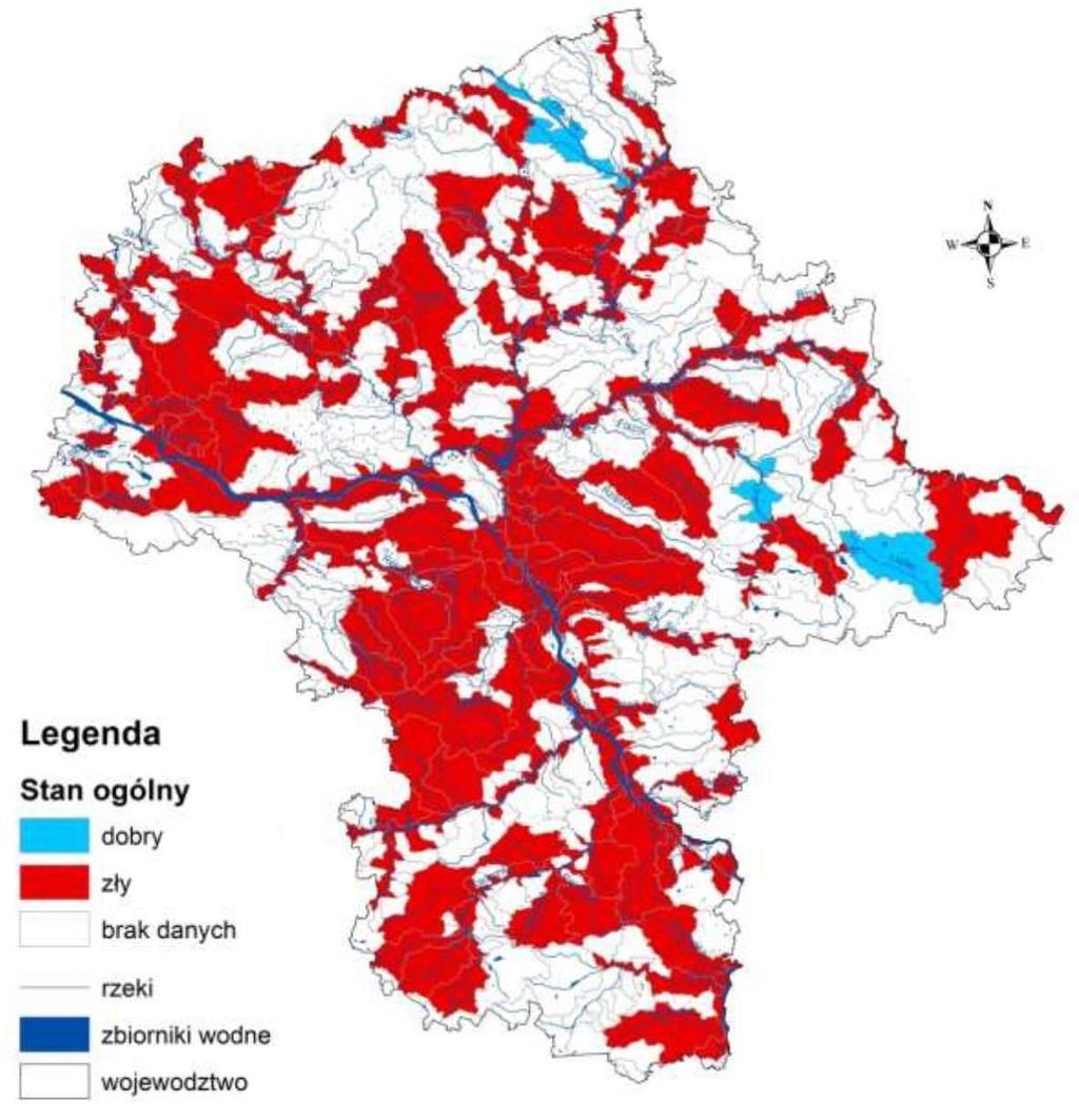 Rysunek 15. Stan JCWP na terenie województwa mazowieckiego na podstawie oceny WIOŚ w Warszawie w latach 2013-2015.