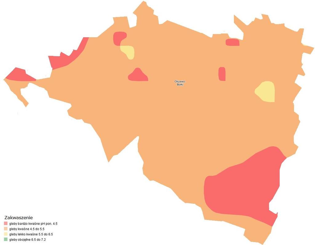 Rysunek 21. Rozkład przestrzenny gleb pod kątem odczynu ph na terenie Gminy Olszewo-Borki. Źródło: http://msip.wrotamazowsza.