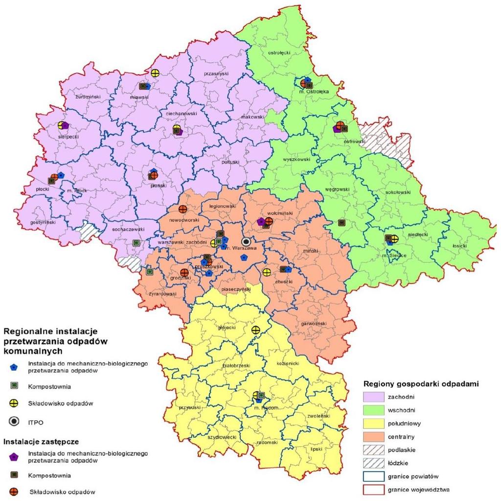 Rysunek 23. Podział województwa mazowieckiego na regiony gospodarowania odpadami komunalnymi.