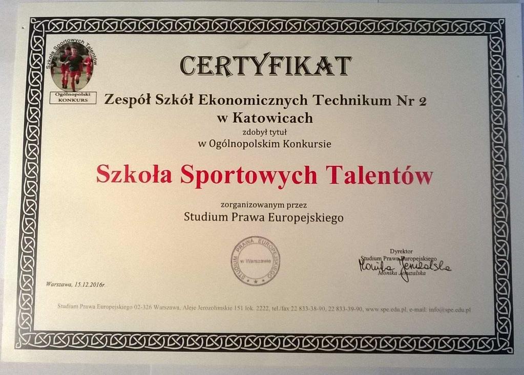 W roku szkolnym 2016/2017 nasza szkoła brała udział w Ogólnopolskim Konkursie Szkoła Sportowych Talentów organizowanym przez Studium Prawa Europejskiego.
