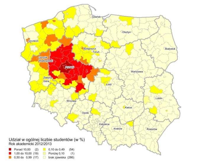 Analiza pochodzenia terytorialnego studentów wybranych szkół wyższych Pochodzenie terytorialne studentów UAM w Poznaniu w roku akademickim 2012/2013 Pochodzenie terytorialne studentów PWSZ w Kaliszu