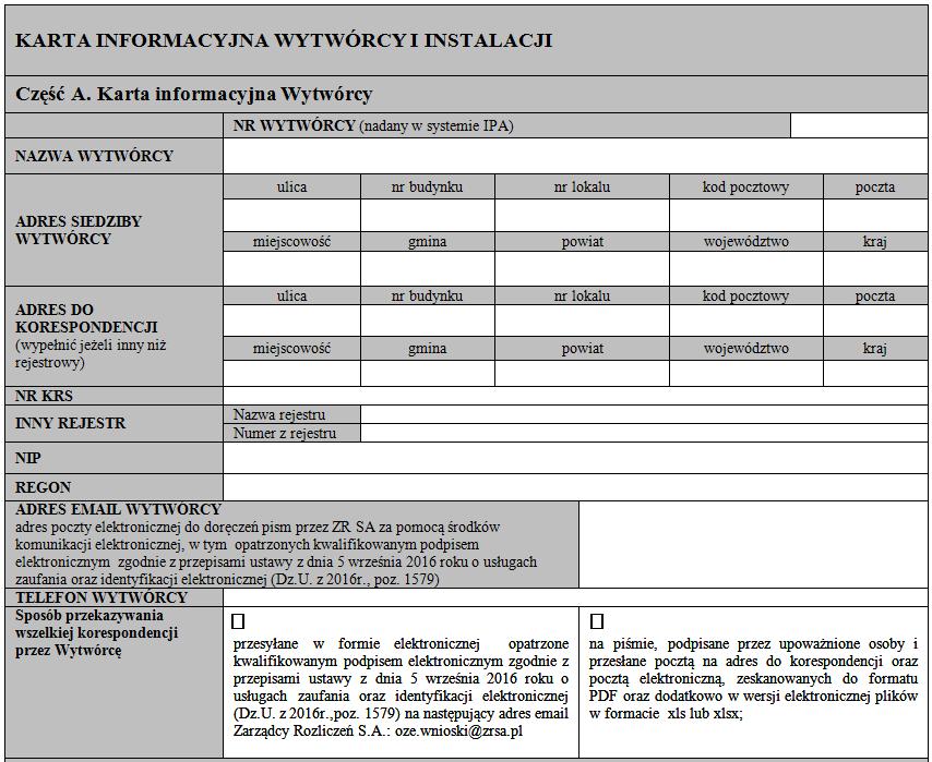 Karta informacyjna Wytwórcy i Instalacji Zarządca Rozliczeń S.