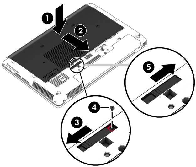 4. Gdy wnęka baterii jest skierowana do Ciebie, przesuń zatrzask zwalniający pokrywę serwisową w lewo (3), a następnie (jeśli to konieczne) włóż i wkręć śrubę opcjonalną (4), aby przymocować pokrywę.