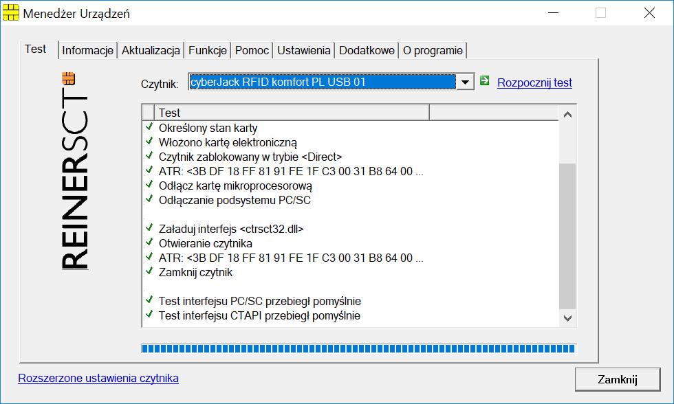 Zakładka Test Jesĺi przyłączyli Panśtwo więcej czytnikoẃ kart inteligentnych, mogą Panśtwo na ekranie z listy rozwijalnej wybrac ódpowiedni czytnik.