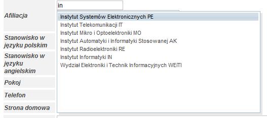 Jeśli pole Afiliacja było już poprzednio wypełnione, to możemy dokonać modyfikacji istniejącego przypisania albo je usunąć (np.