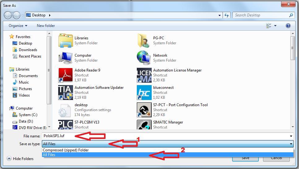 Zapisać plik najwygodniej na pulpicie (w późniejszych etapach należy podać ścieżkę do folderu zawierającego pliki aktualizacji) UWAGA niektóre przeglądarki mogą zapisać plik <xxxx>.luf jako <xxxx>.