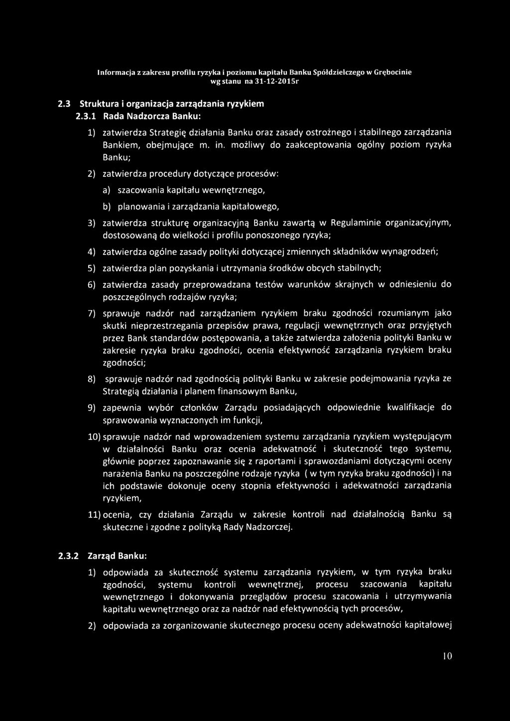 strukturę organizacyjną Banku zawartą w Regulaminie organizacyjnym, dostosowaną do wielkości i profilu ponoszonego ryzyka; 4) zatwierdza ogólne zasady polityki dotyczącej zmiennych składników