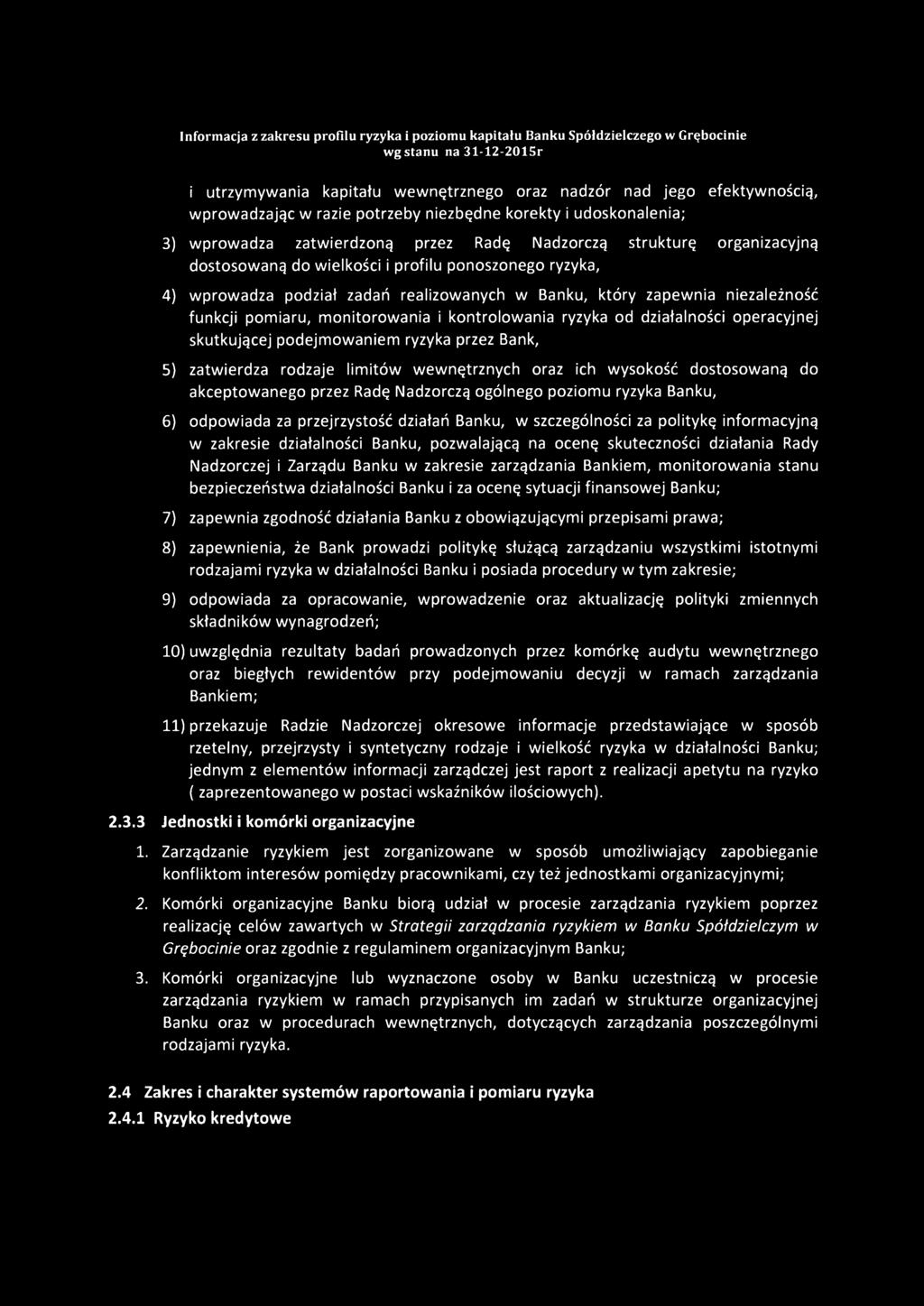 ryzyka od działalności operacyjnej skutkującej podejmowaniem ryzyka przez Bank, 5) zatwierdza rodzaje limitów wewnętrznych oraz ich wysokość dostosowaną do akceptowanego przez Radę Nadzorczą ogólnego