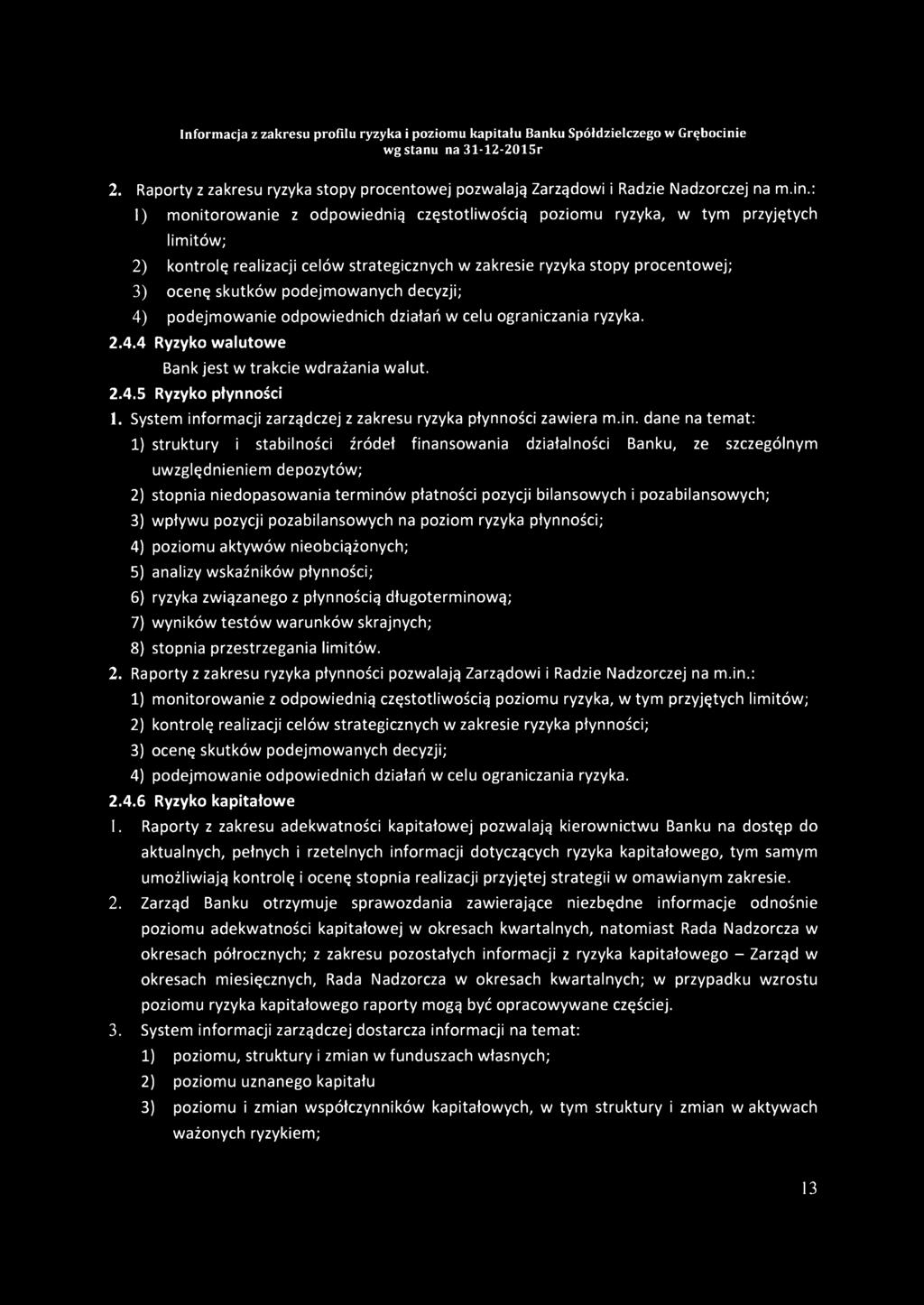 podejmowanych decyzji; 4) podejmowanie odpowiednich działań w celu ograniczania ryzyka. 2.4.4 Ryzyko walutowe Bank jest w trakcie wdrażania walut. 2.4.5 Ryzyko płynności 1.