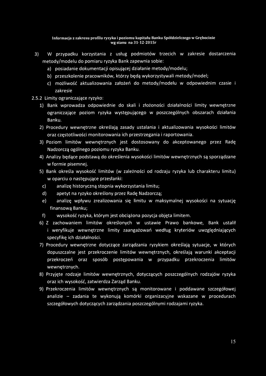 2 Limity ograniczające ryzyko: 1) Bank wprowadza odpowiednie do skali i złożoności działalności limity wewnętrzne ograniczające poziom ryzyka występującego w poszczególnych obszarach działania Banku.