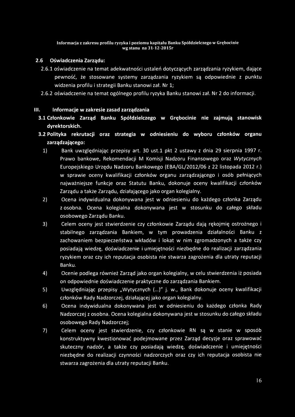 1 Członkowie Zarząd Banku Spółdzielczego w Grębocinie nie zajmują stanowisk dyrektorskich. 3.