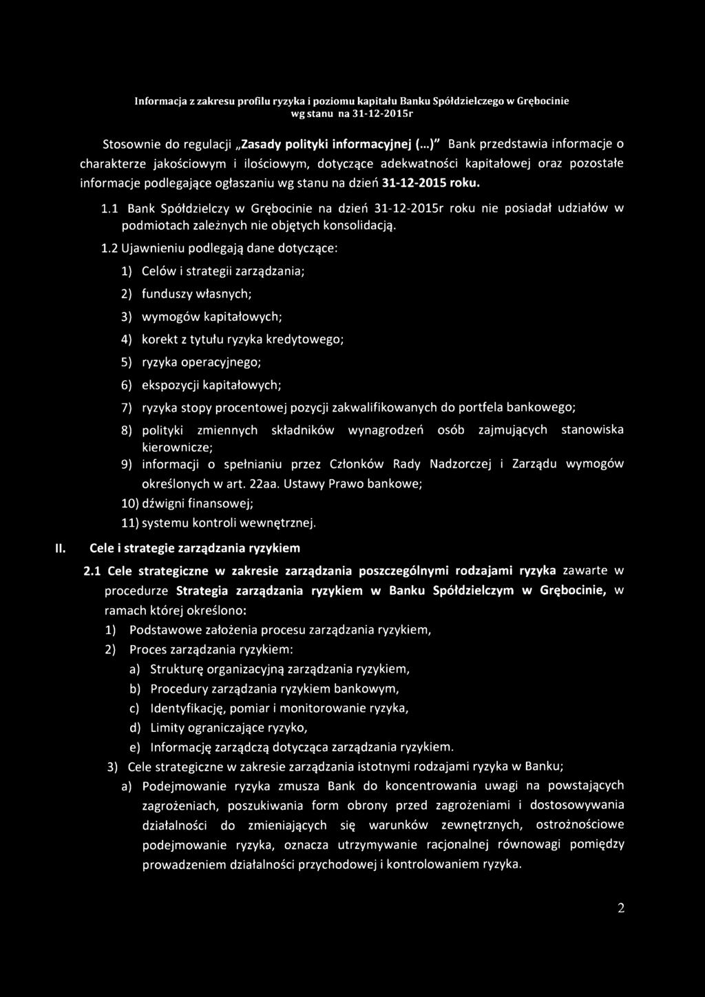 1 Bank Spółdzielczy w Grębocinie na dzień 31-12-2015r roku nie posiadał udziałów w podmiotach zależnych nie objętych konsolidacją. 1.