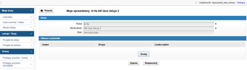 Konta wszystkich uczniów tej klasy przechodzą do trybu testów.