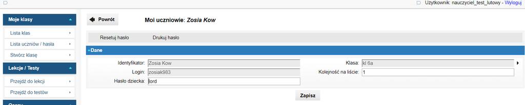Jak zresetować hasło konkretnego ucznia?