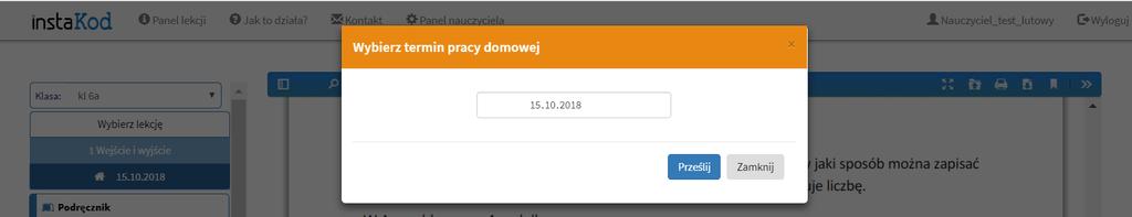 Zadaj pracę domową daje możliwość ustalenia terminu do kiedy system bierze pod uwagę liczbę zaliczonych zadań do sugerowanej oceny InstaKod za systematyczność pracy.