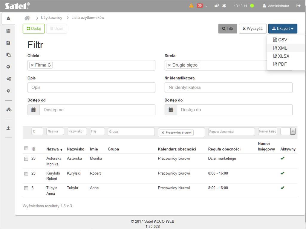 30 ACCO-WEB SATEL Rys. 21. Przykład eksportowania danych przefiltrowanych użytkowników. 3.3.2 Lista grup użytkowników Przyciski Dodaj kliknij, żeby wyświetlić okno Dodaj grupę użytkowników (patrz: Okno Dodaj grupę użytkowników ).