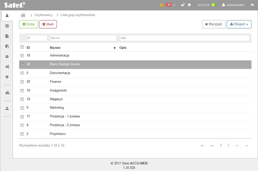 SATEL ACCO-WEB 31 Możesz kliknąć kursorem na nazwę kolumny, żeby posortować dane grup użytkowników według nazwy kolumny.