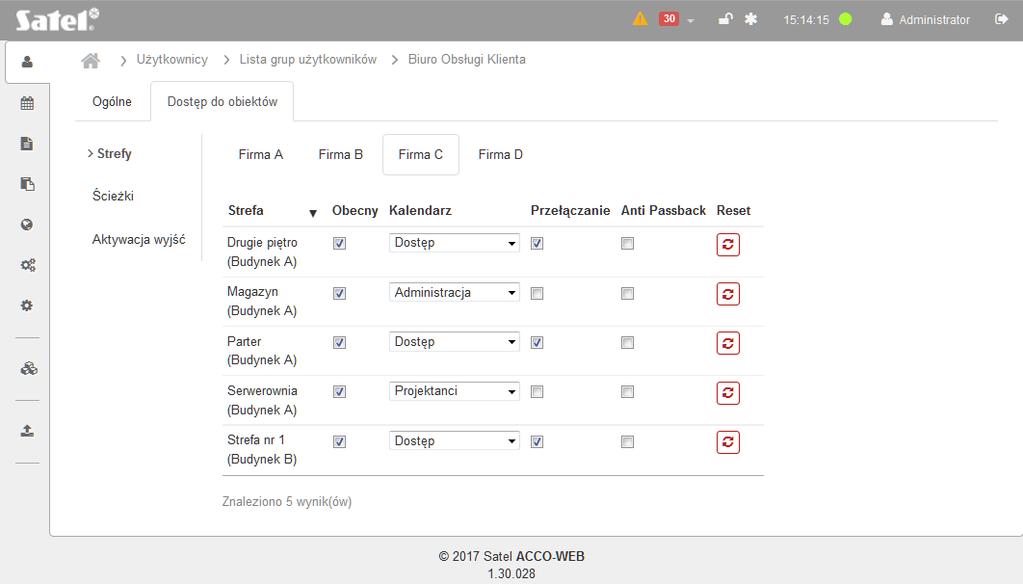 34 ACCO-WEB SATEL Zakładka Dostęp do obiektów Zakładka Strefy Rys. 25. Strefy w zakładce Dostęp do obiektów dla przykładowej grupy użytkowników.