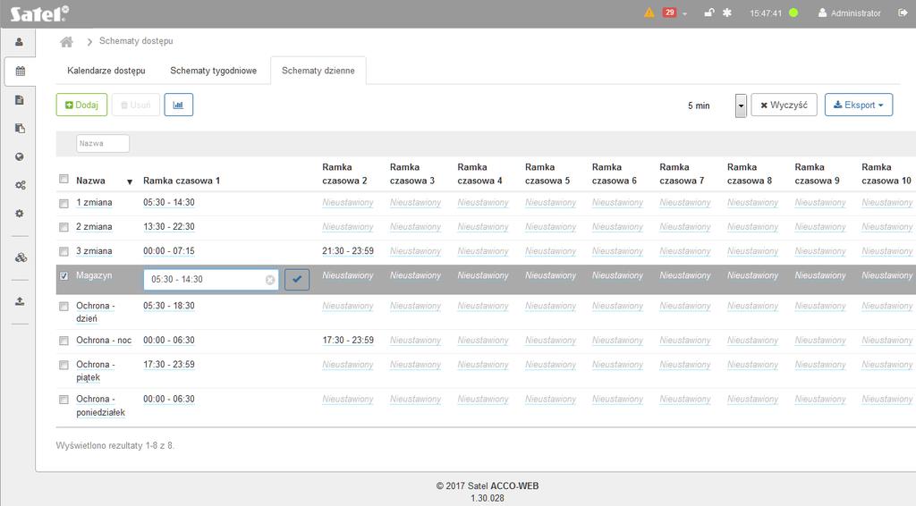 SATEL ACCO-WEB 51 4. Możesz dodać do utworzonego schematu ramkę lub ramki czasowe (patrz: Edytowanie dziennego schematu dostępu ). 5. W menu po lewej stronie kliknij kolejno Operacje systemowe Zapisz zmiany.