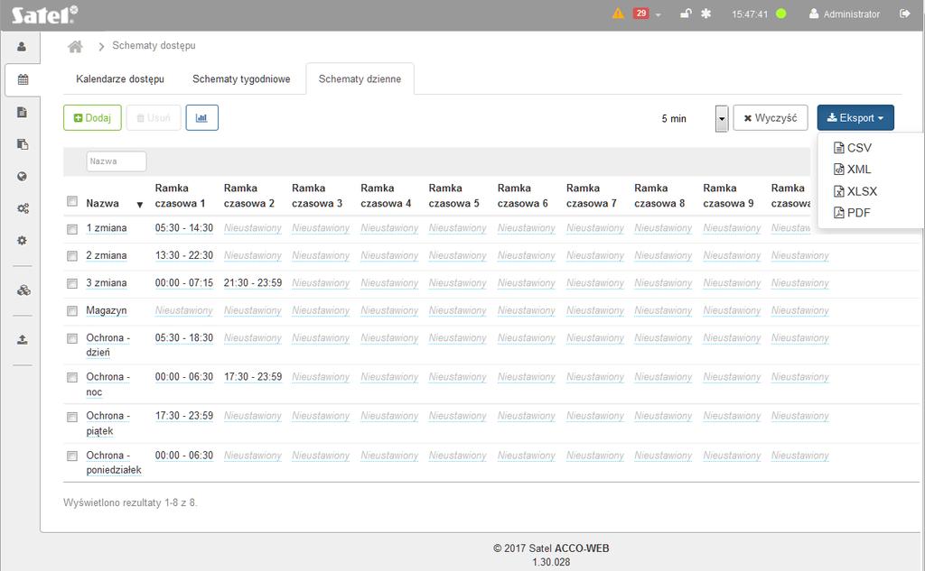 52 ACCO-WEB SATEL 3.4.3.4 Eksportowanie dziennych schematów dostępu Listę dziennych schematów dostępu możesz wyeksportować do pliku.