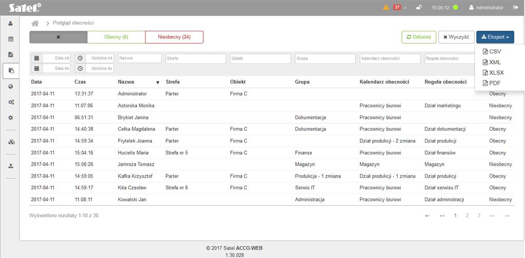 60 ACCO-WEB SATEL 3.6.1.3 Eksportowanie zestawienia Podgląd obecności Rys. 51. Przykład eksportowania zestawienia Podgląd obecności. Zestawienie Podgląd obecności możesz wyeksportować do pliku.